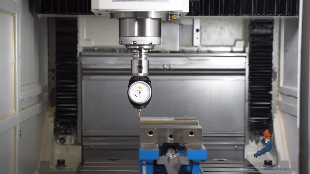 부통령에서 강철 부분을 측정하는 cnc 기계 3d 맛보기 다이얼 표시기