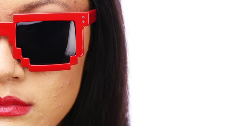 Woman wearing red pixel glasses portrait close up half face character series isolated on pure white background