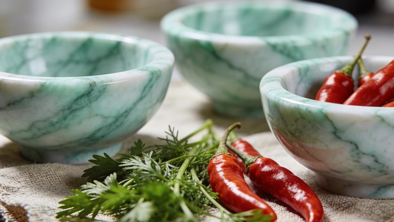 Camera tightening, shifting forward, highlighting marble bowls with red chilies and herbs on linen