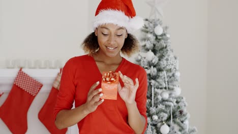 Schöne-Junge-Frau-Mit-Einem-Weihnachtsgeschenk