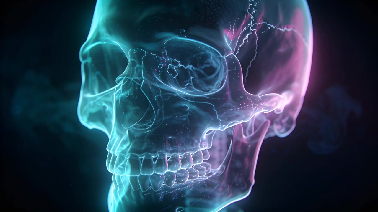 Teschio di vetro animato che ruota a destra nel vuoto, mostrando suture centrali illuminate, nebbia volumetrica ciano e magenta.