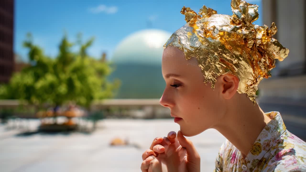 A contemplative moment captured, showcasing a young woman adorned with golden foil, reflecting thoughtfully in an outdoor setting surrounded by a serene backdrop of nature and architecture