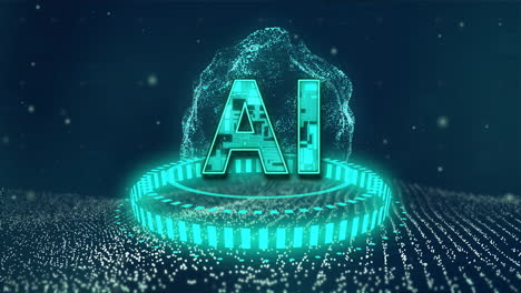 glowing ai text over digital landscape with futuristic animation technology elements