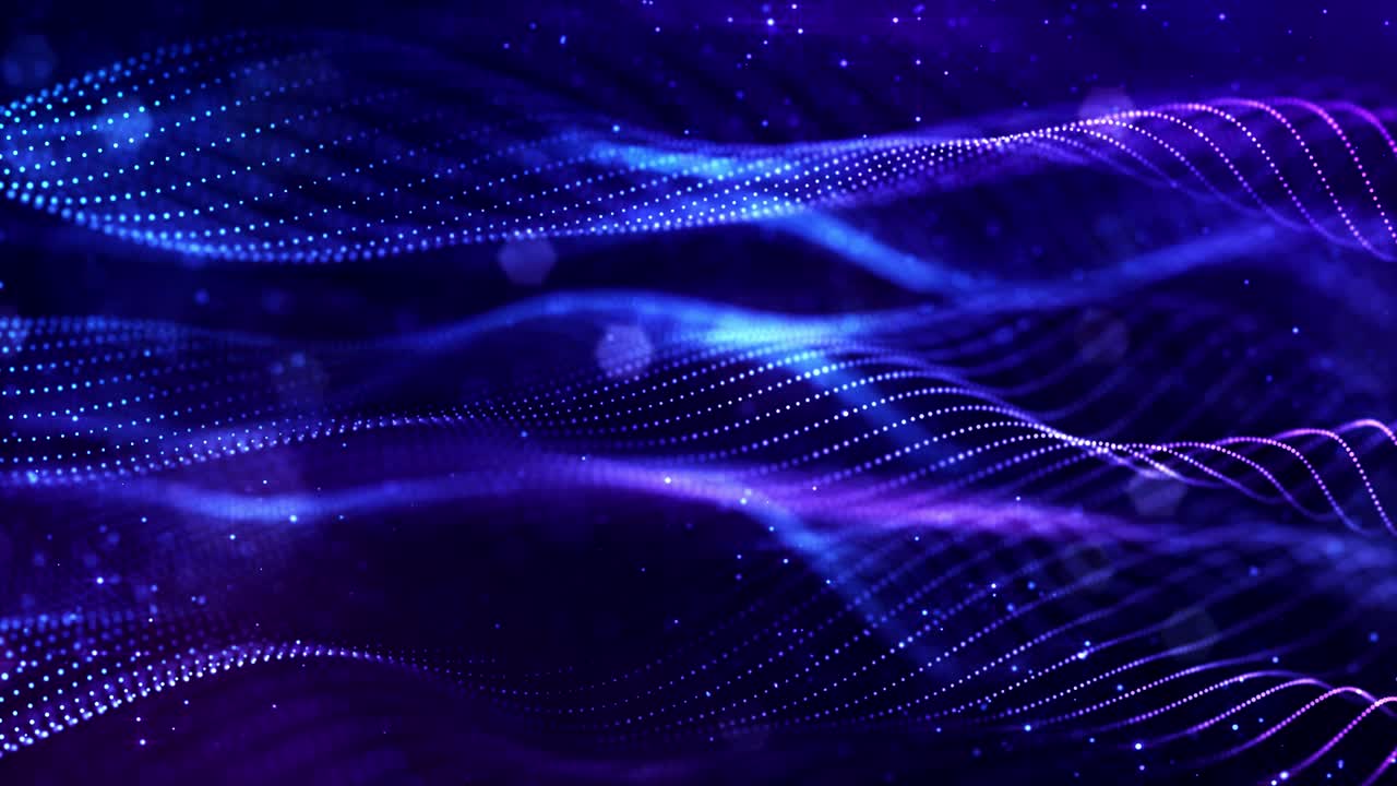 Glow blue particles form lines, surfaces, complex string structures in smooth motion like in microworld or space. 4k looped sci-fi particle background with bokeh and light effects.