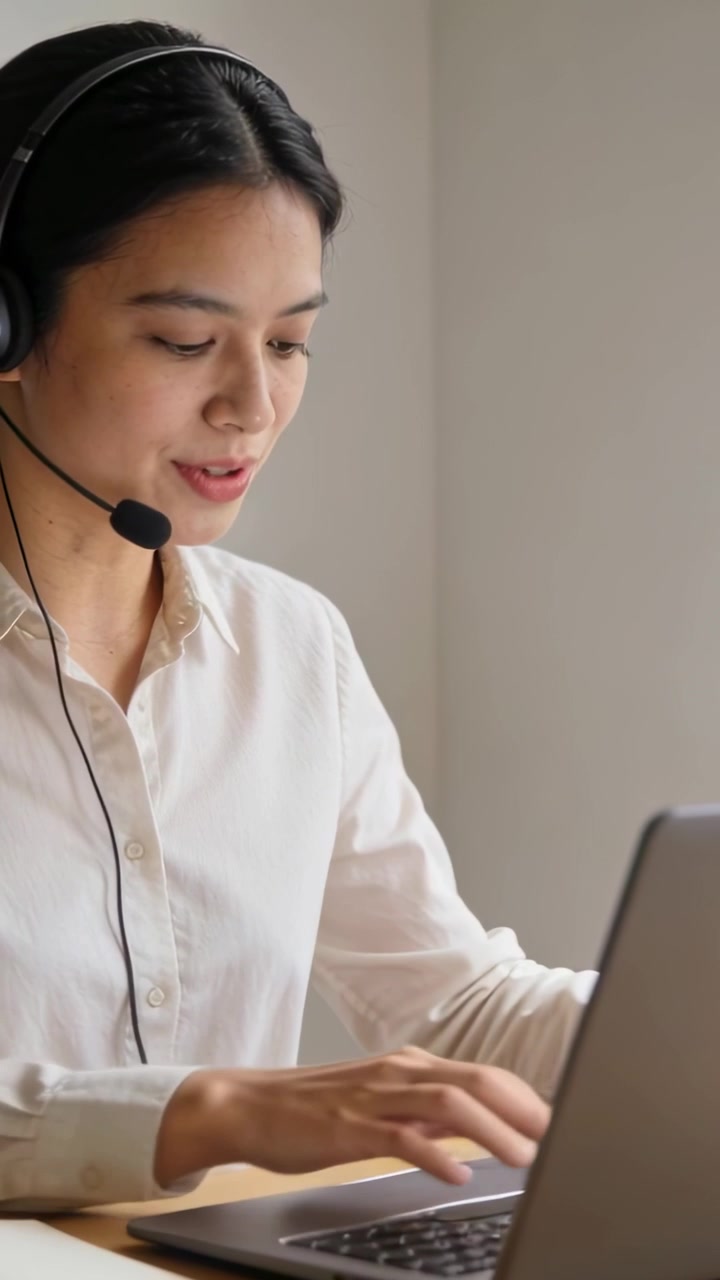 Video verticale: Donna che digita con una camicia color panna, che risponde a una chiamata nel suo home office, con laptop e cuffie.