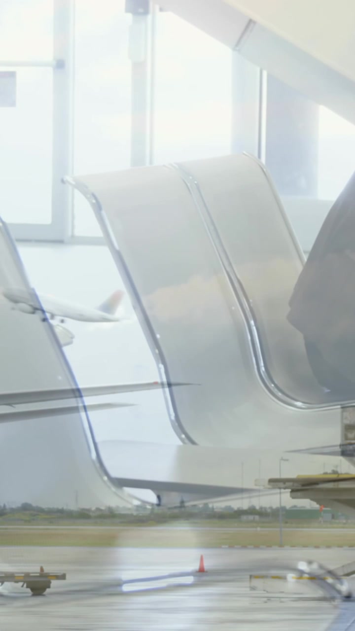 Aereo in volo su sfondo di uomo d'affari stressato seduto nella lounge dell'aeroporto