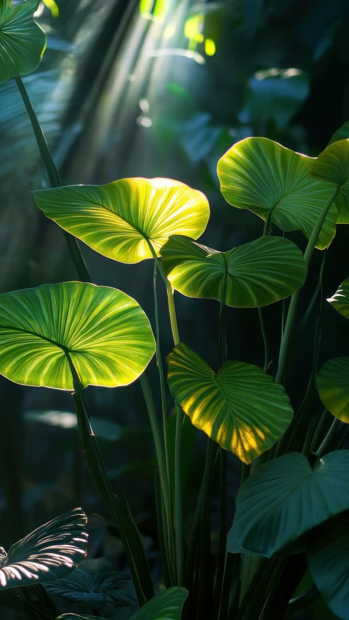 A low-angle video frame capturing sunlight filtering through lush green leaves, creating a serene