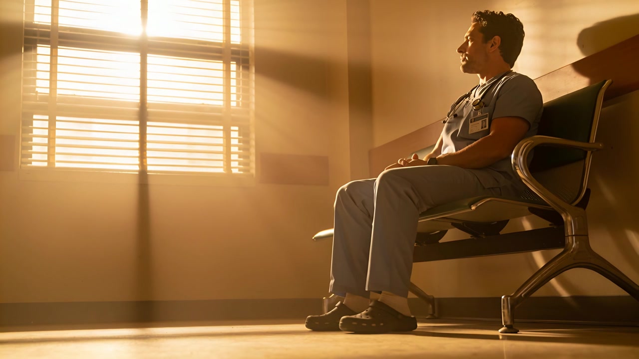 Uomo seduto in divisa medica su una panca, che si gira mentre la luce del sole filtra all'interno della clinica, con uno stetoscopio e spazio per il testo.