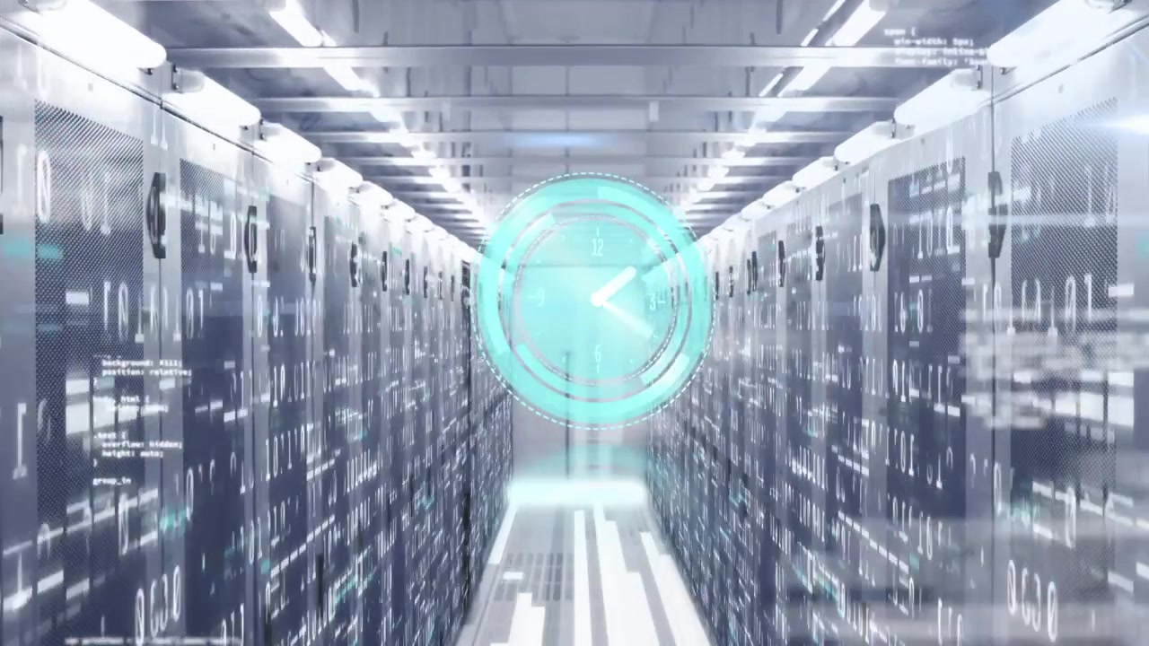 Animation of ticking clock and data processing against computer server room
