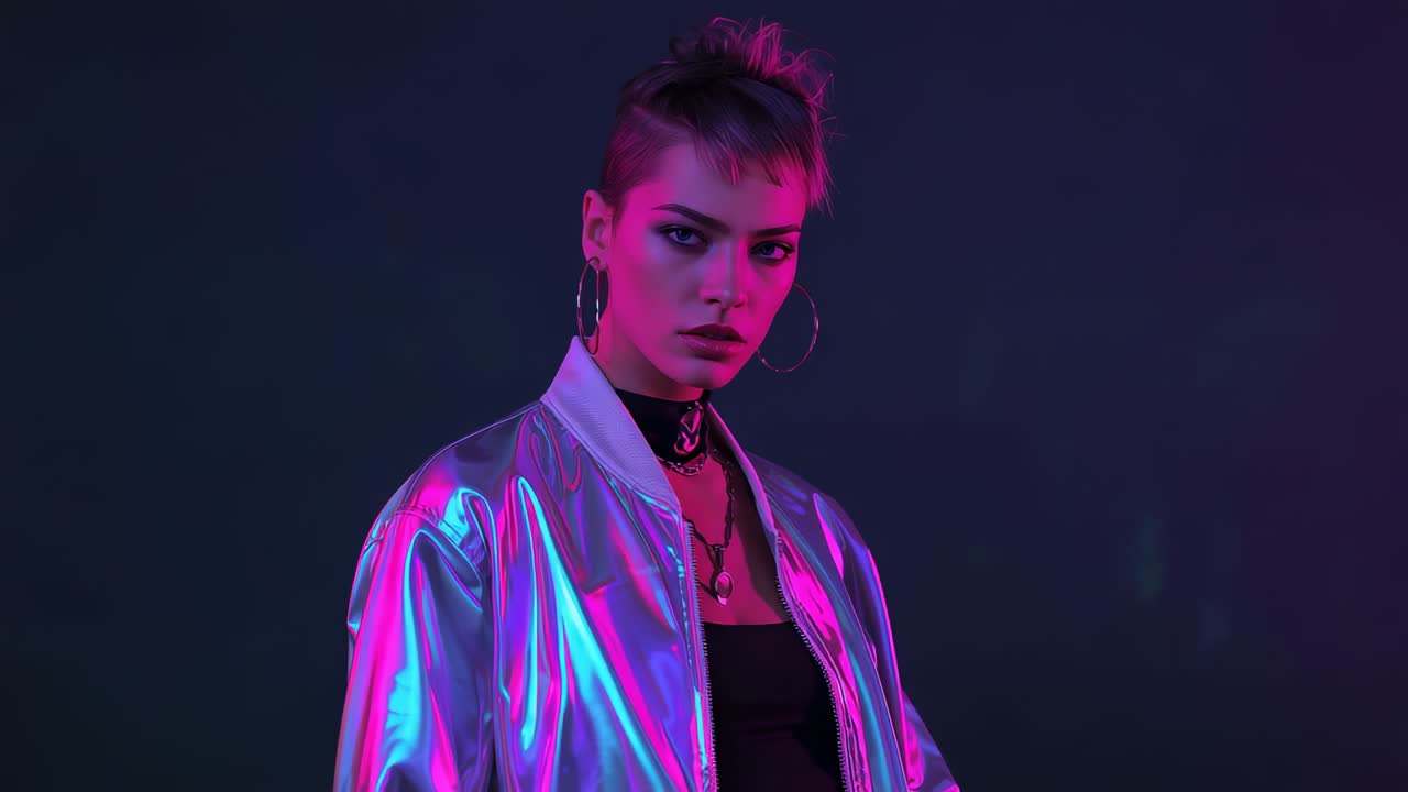 Stepping into neon studio, model tilting head toward camera and highlighting metallic bomber jacket