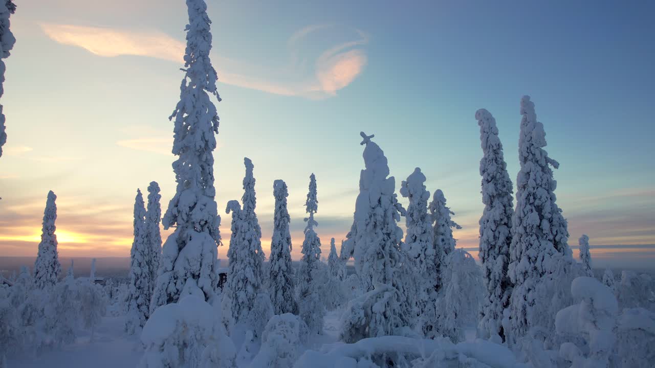 Drone lentää puiden välissä lumisessa maisemassa hämärässä Lapissa, Suomessa, napapiirillä.