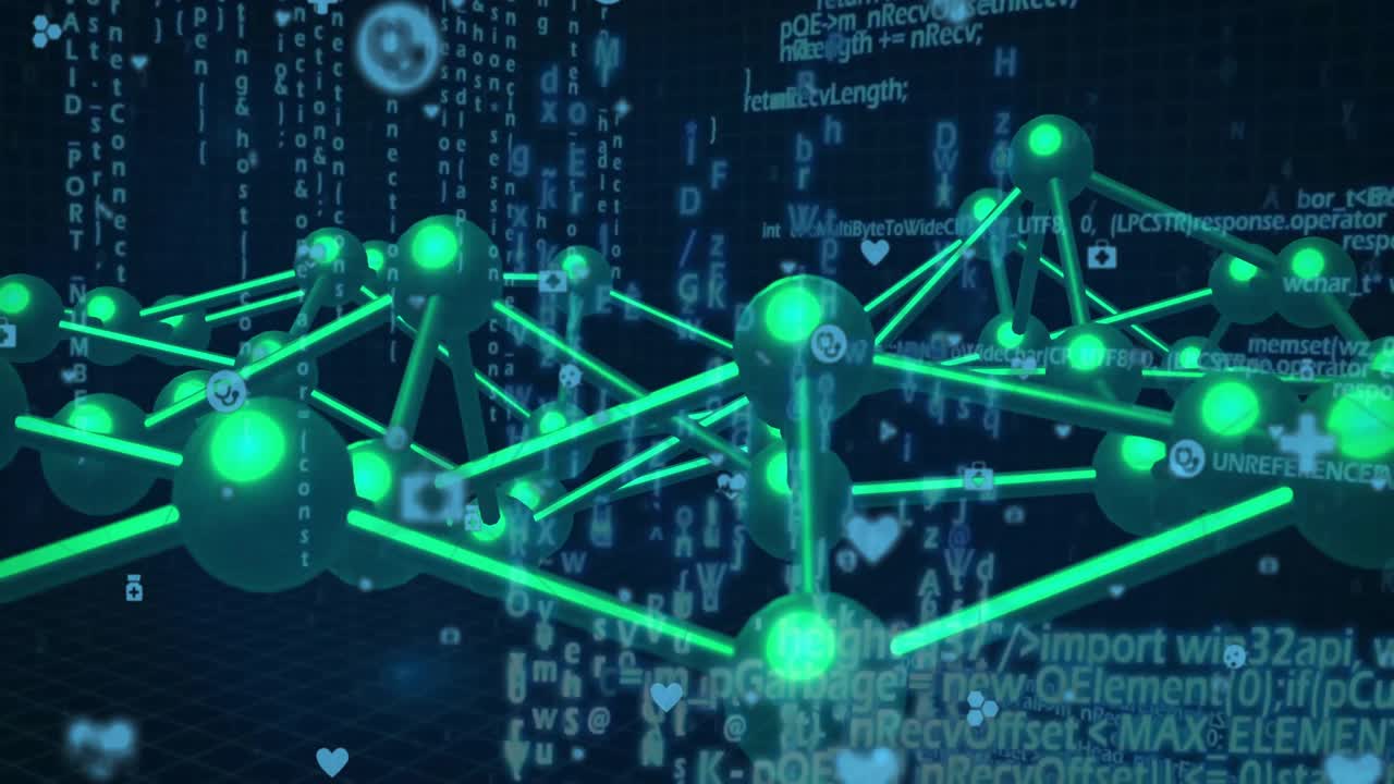 At start network of green spheres emerging while camera circling icons floating showing data flow