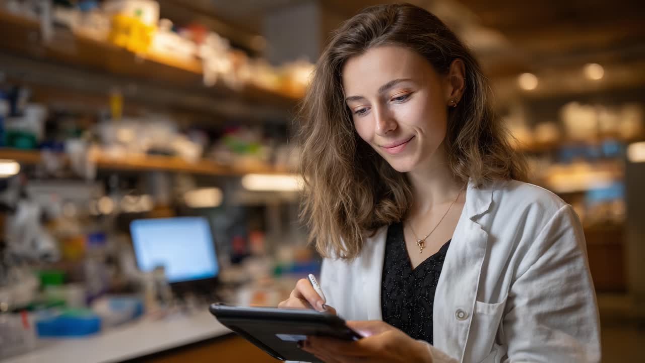 A focused female scientist engages with a digital tablet in a well-equipped laboratory, showcasing her dedication to research and innovation in a modern scientific environment