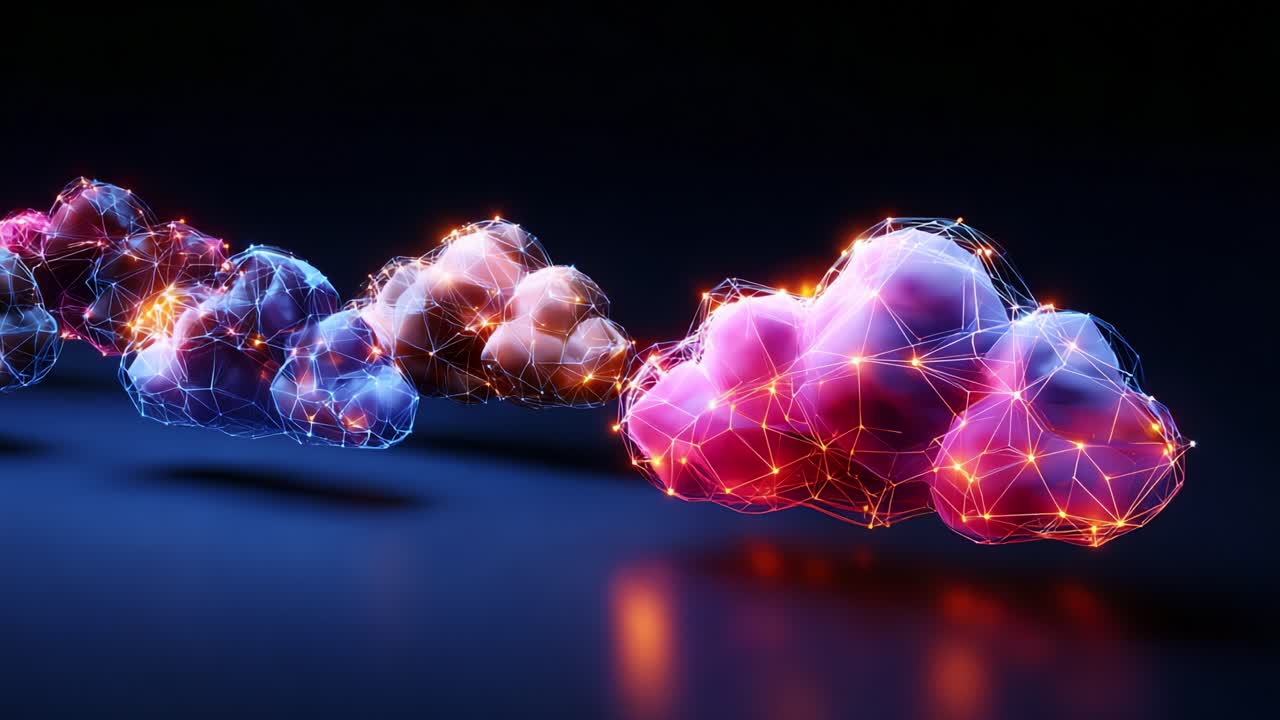 A Futuristic Representation of Abstract Digital Clouds Illuminated with Neon Lights in a Dark Environment, Showcasing Vibrant Colors and Luminous Connections