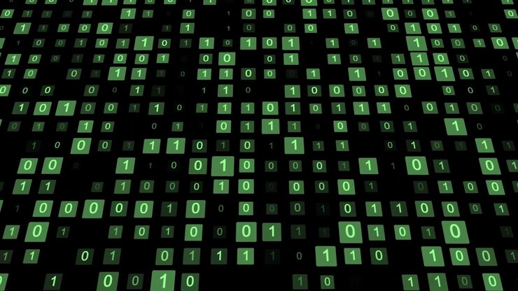 Digital Binary Code Streaming on Dark Background