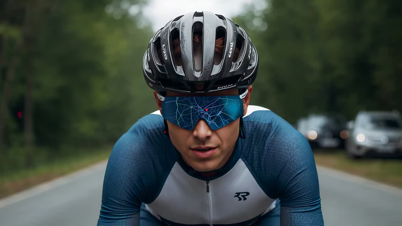 Cycling rider wearing blue skinsuit, helmet, in aero tuck on rural road, training, cars approaching
