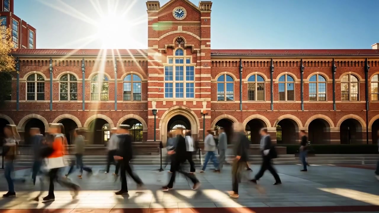 大学の建物の前を歩く学生たちのタイムラプス