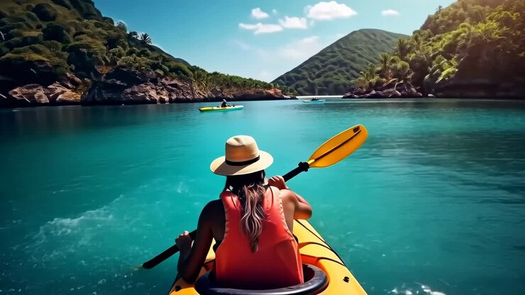 Vídeo POV de una persona en kayak en aguas turquesas, rodeada de exuberantes colinas verdes