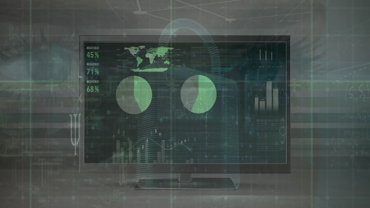 Animation of data processing over female eyes and screen