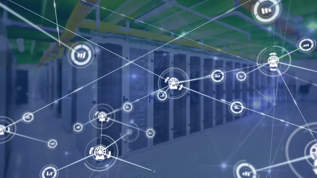 Animation of network of communication icons and data processing over computer server room