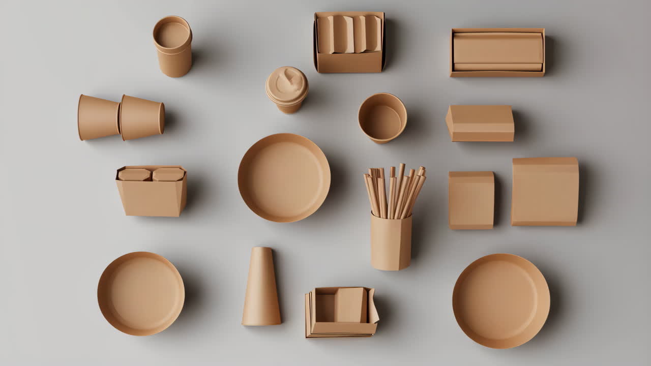 Assortment of eco-friendly disposable paper food packaging and containers