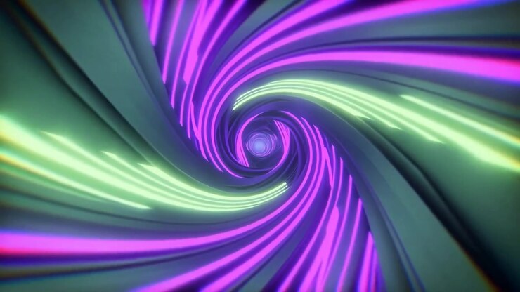 Glowing curved light forms twist inward across deep violet background as bright color gradients shift through frame, showing smooth movement, reflective surfaces, and centered abstract motion design.