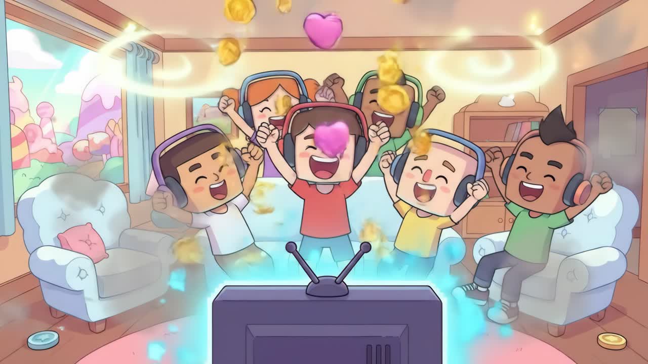 เด็กการ์ตูนมีความสุขก ำลังเล่นวิดีโอเกมในห้องนั่งเล่น