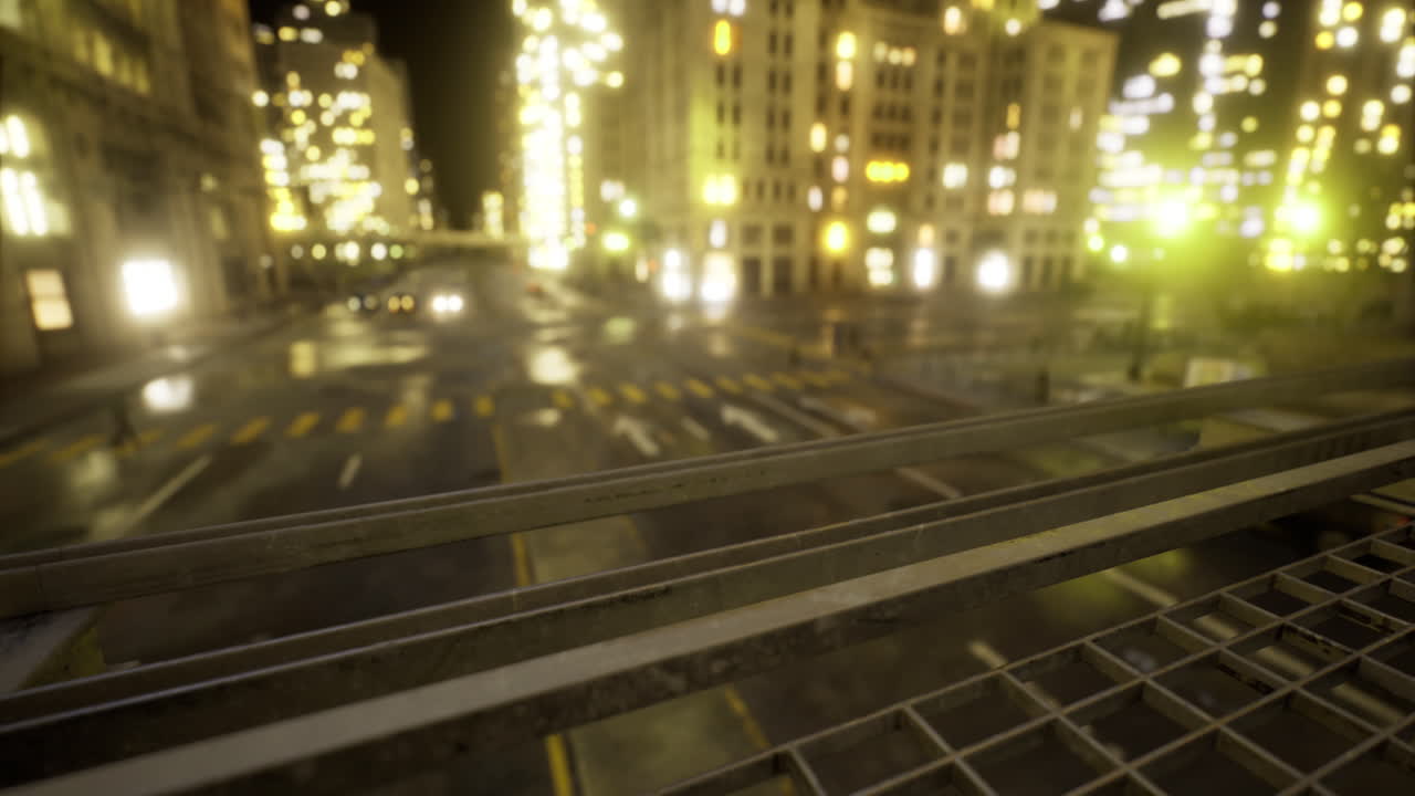 City at night with illuminated buildings and quiet streets observed from above