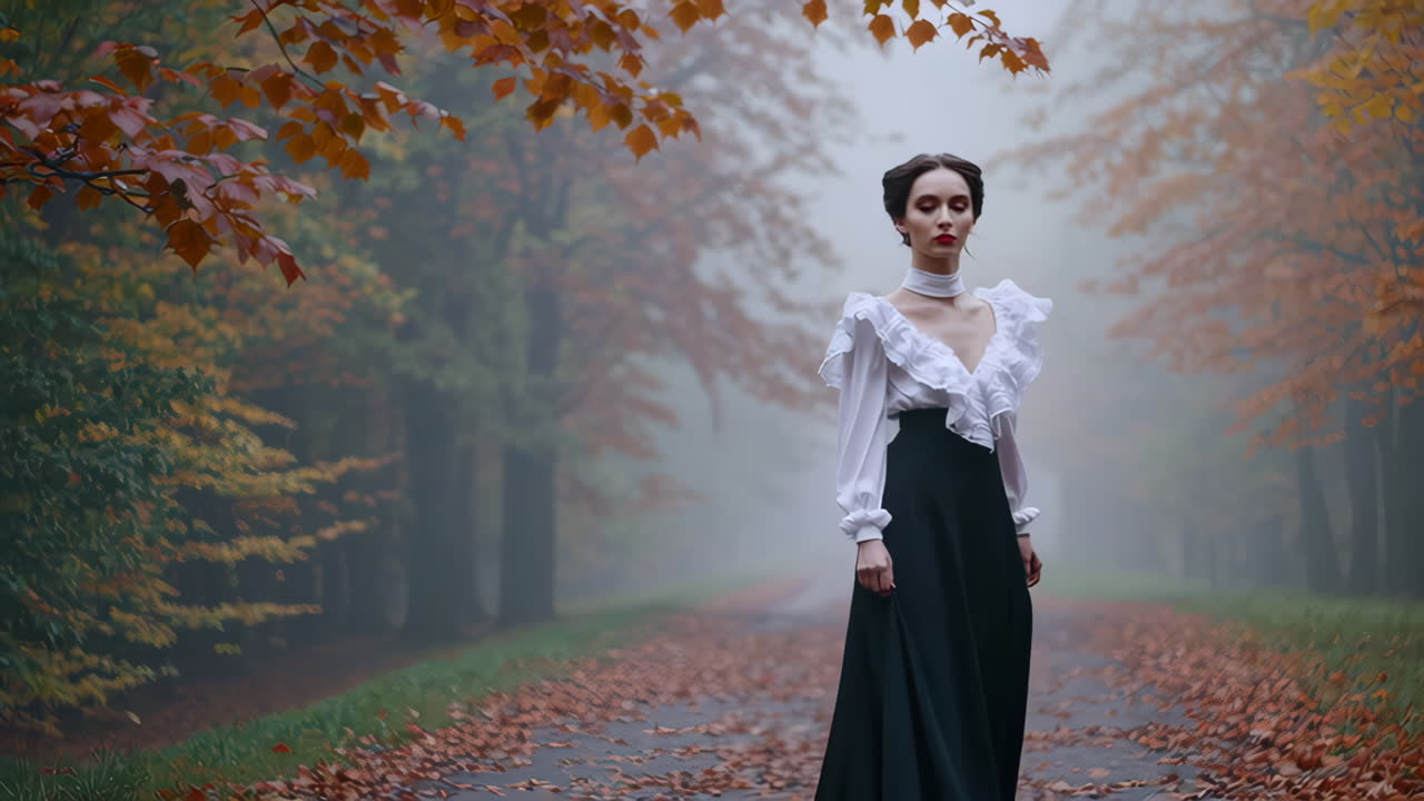 Donna elegante in abito vintage su un sentiero autunnale nebbioso