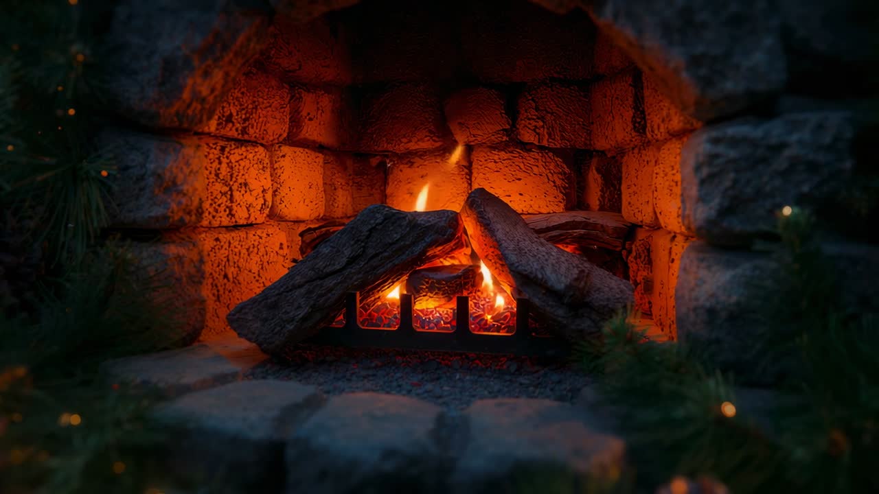 Glowing embers igniting logs inside home hearth, flickering flames and pinecone garland