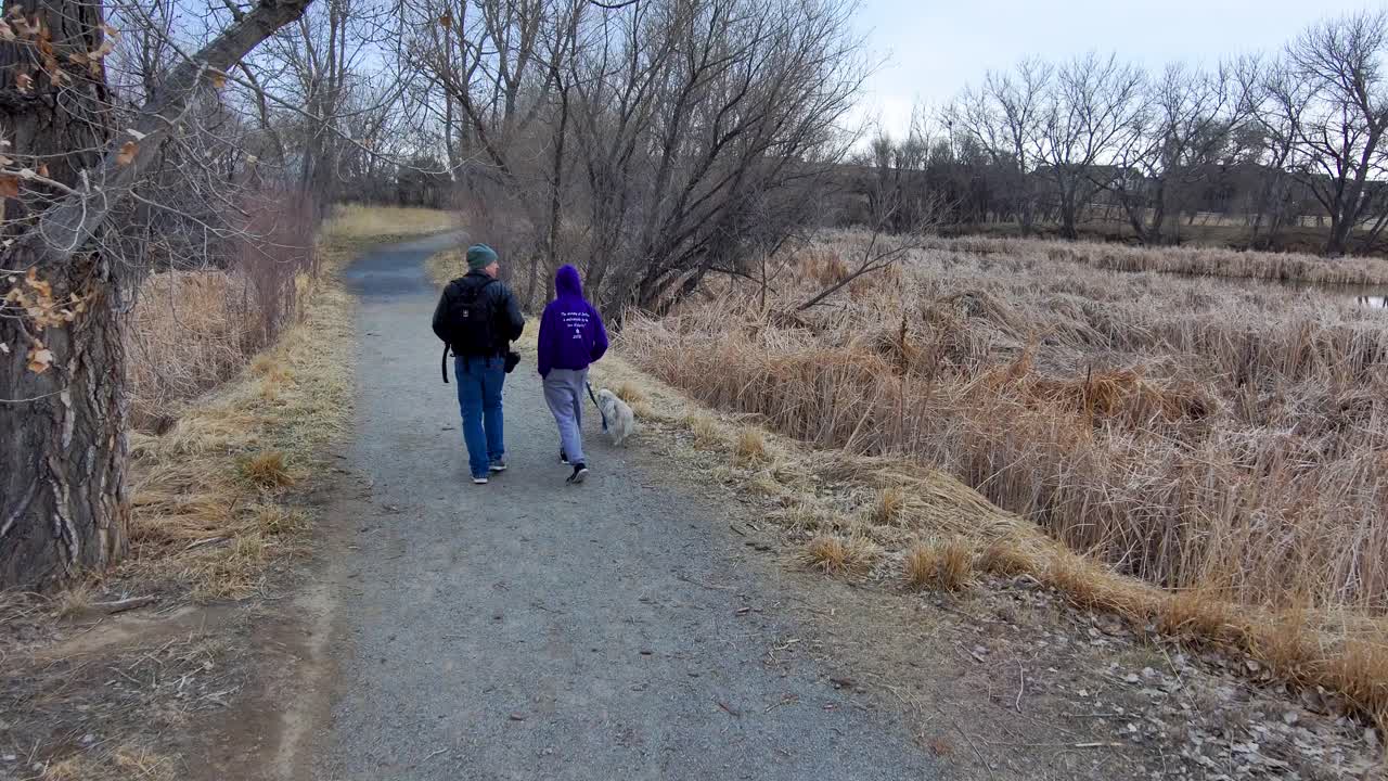 Man and his son walk a dog through barren trees in an barren winter scape.