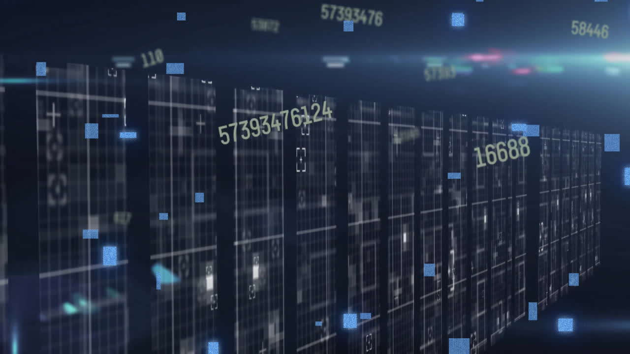 컴퓨터 서버를 통해 숫자를 통해 데이터 처리의 애니메이션