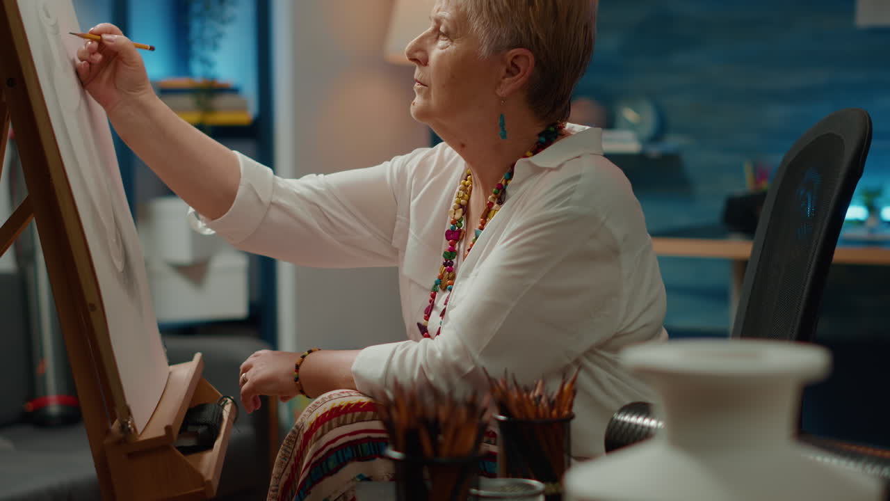 Female artist looking at vase for drawing inspiration