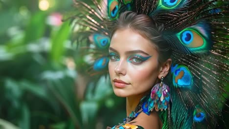 a woman with peacock feathers on her head