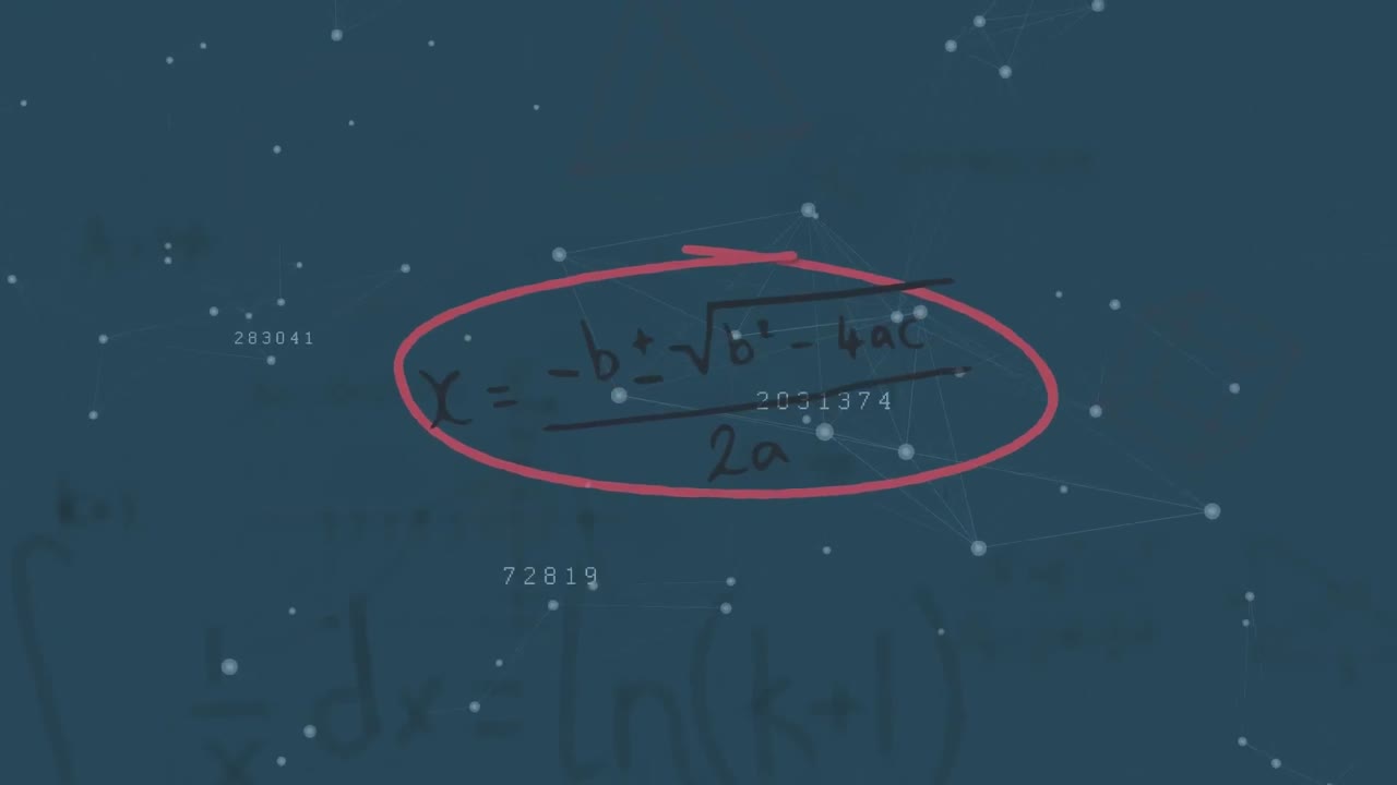 Animation of mathematical equations and data processing over black background