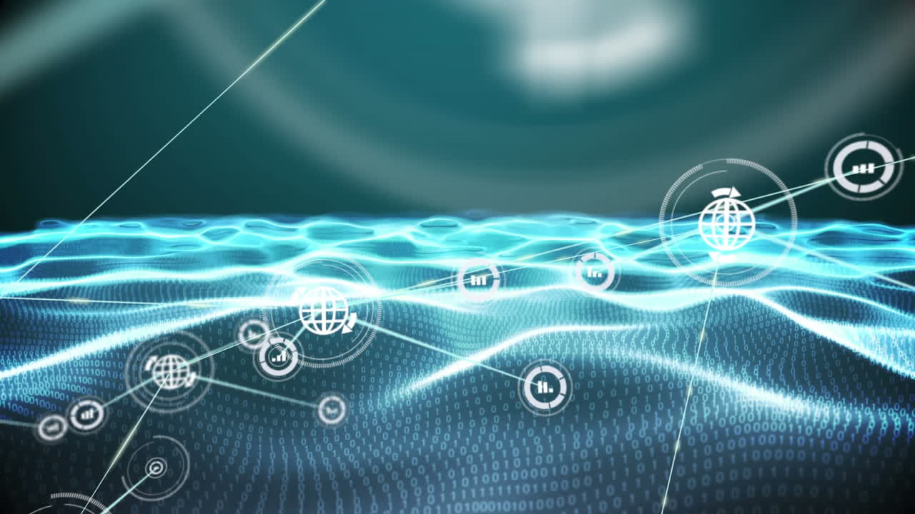 이진 코딩의 메쉬 위의 아이콘으로 연결 네트워크의 애니메이션