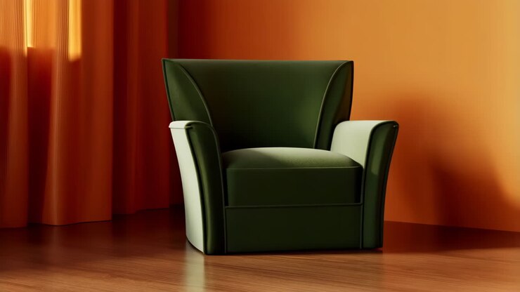 Sillón verde moderno en una habitación naranja