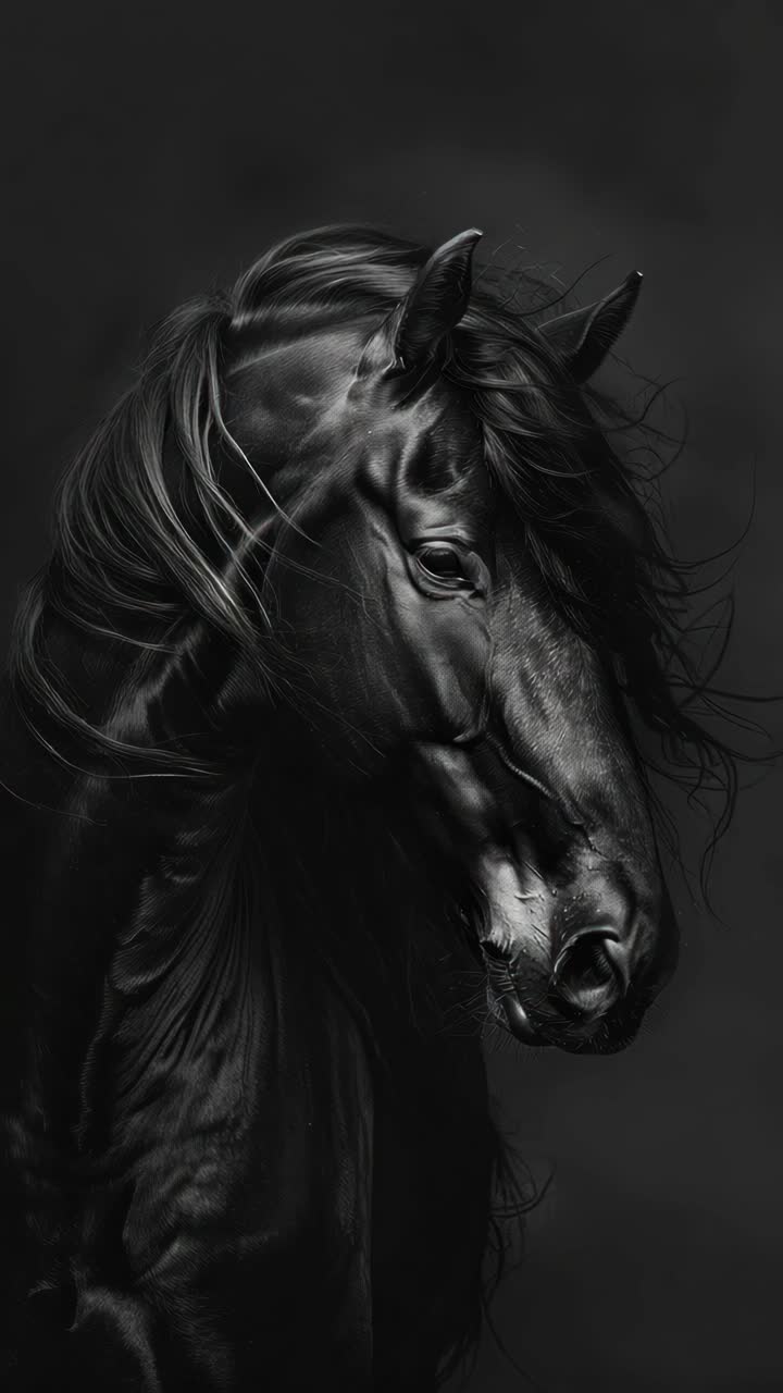 Dramatic black and white portrait of a horse with flowing mane, captured from a frontal angle