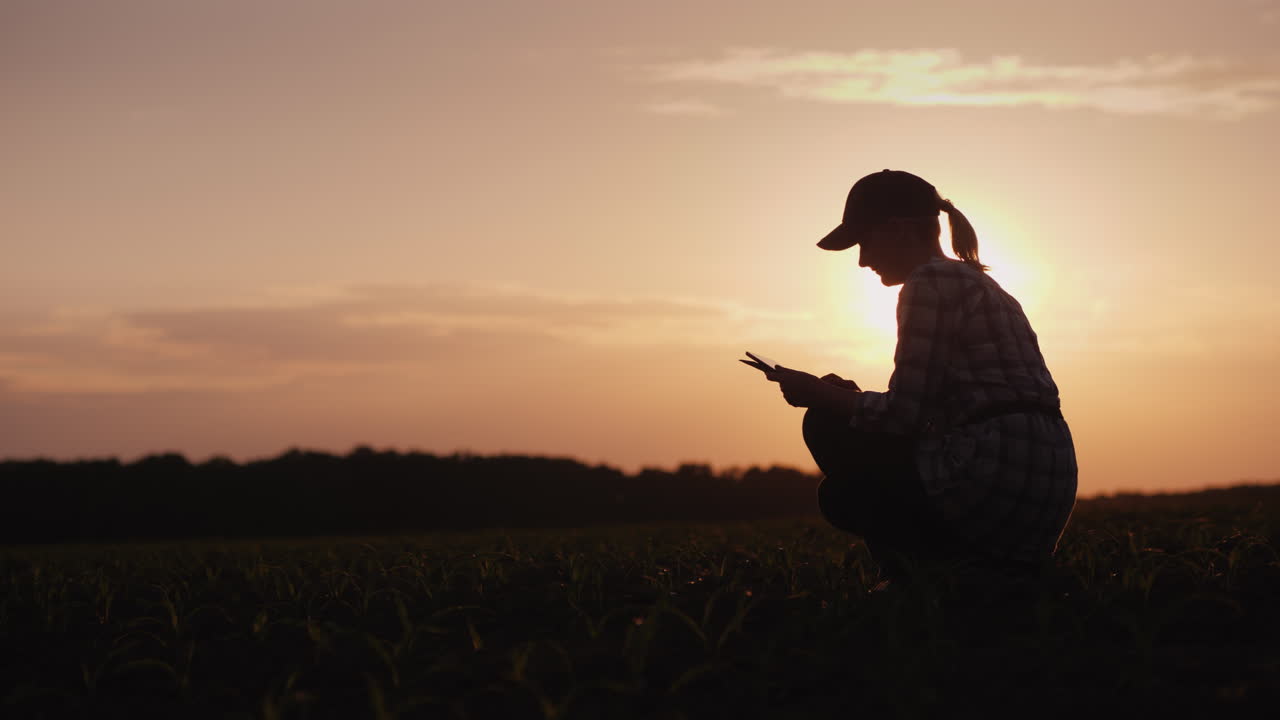 A Female Farmer Is Working In The Field At Sunset Studying Plant Shoots Photographing Them Using A T