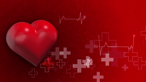 big pulsating 3d heart symbol of medicine. animation of geometric figures of pluses and crosses down. cardiogram lines on looped red background. copy space,