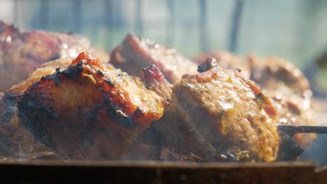 Tasty-pork-meat-pieces-on-skewer-on-wood-burning-bqq,-close-up-view