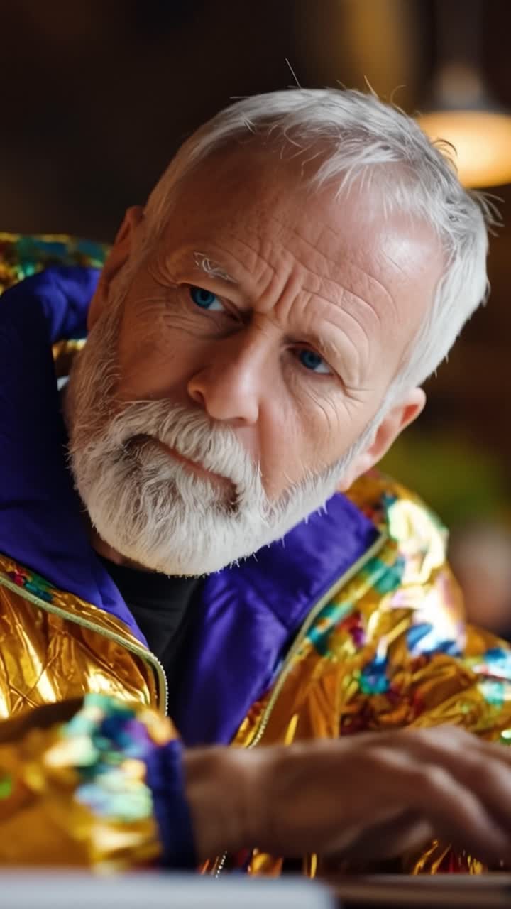 Uomo in costume vivace guarda intensamente. Gli occhi mostrano un'intensità pensierosa. Le dita riposano su una superficie non visibile. L'ambientazione suggerisce interni, illuminazione calda. Ideale per scene di commedia, festival o teatro