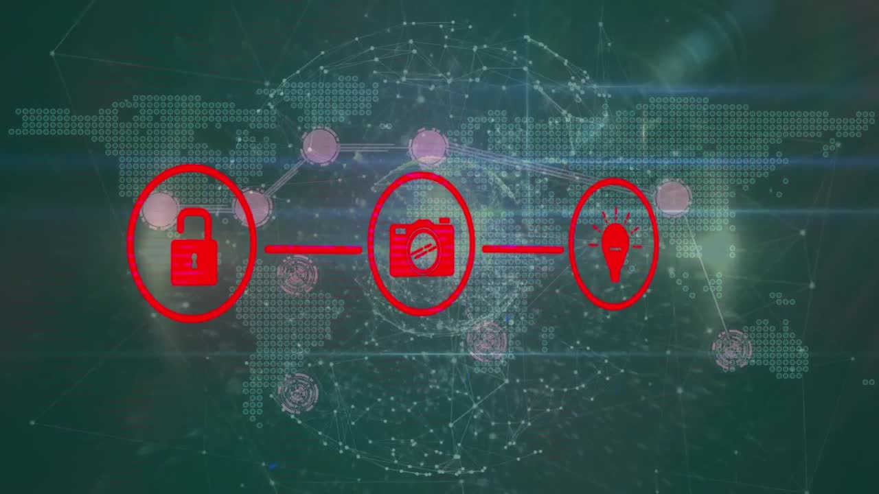 animación de la red de conexiones con iconos y globo sobre fondo negro