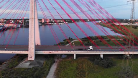 aerial pan shot of cable-stayed bridge on motława river in gdansk, poland