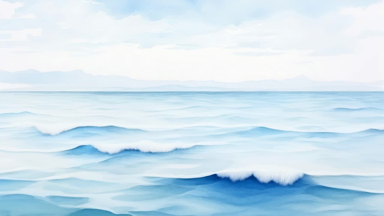A serene watercolor painting of the ocean with gentle waves, captured from a wide-angle perspective