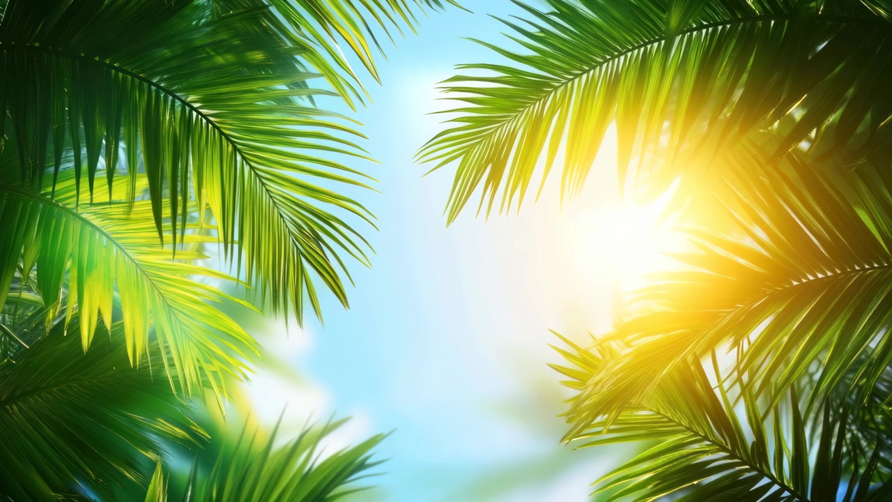 Tropical Palm Leaves Framing Bright Sun and Blue Sky