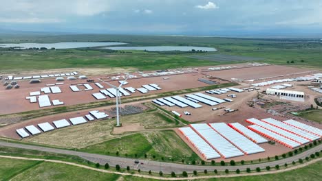 aerial shot of wind turbine parts at manufacturing site in usa