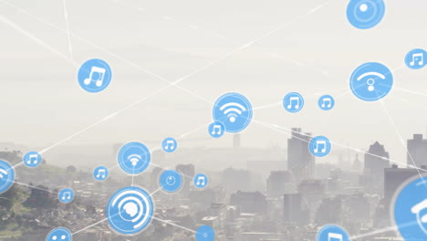 animation of music and connectivity icons floating over cityscape with network lines