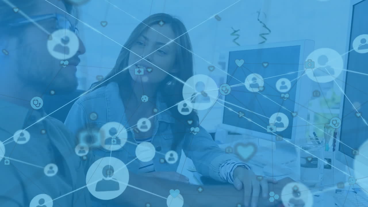 Animation of network of connections with icons over diverse businesspeople in office