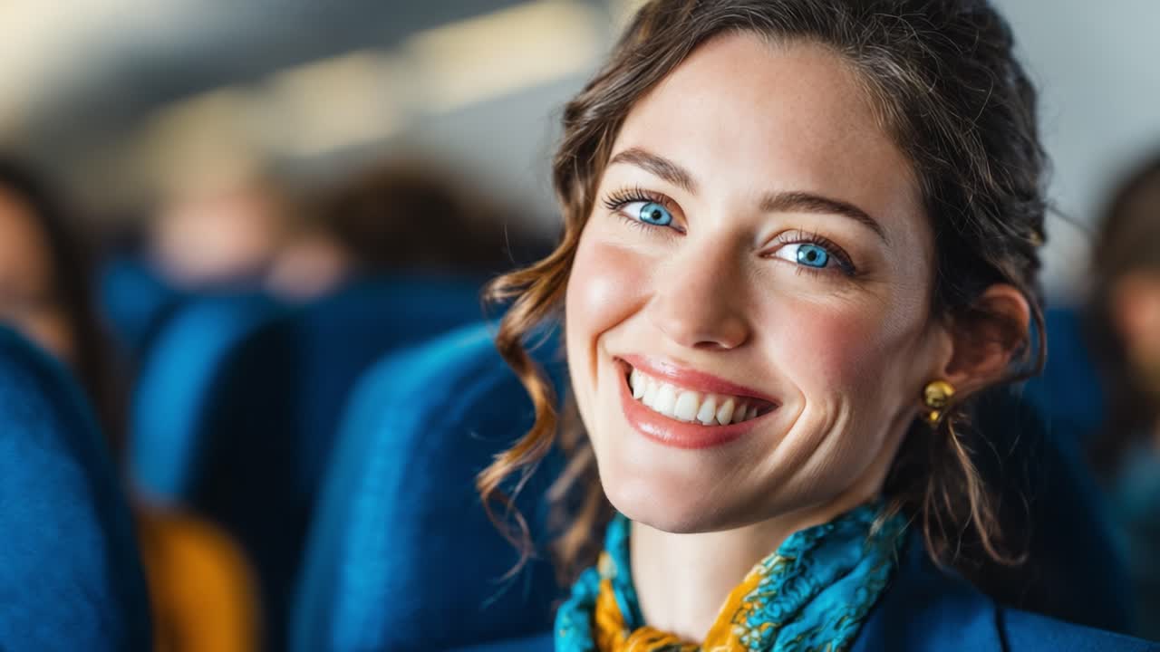 Una mujer alegre caminando por la cabina de un avión, irradiando alegría y calidez, capturando un momento encantador de felicidad viajera